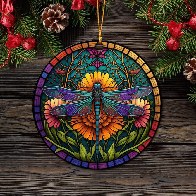 Colorful Dragonfly And Flowers Stained Glass Mica Ornament Perfect Gift For Holiday - Image 2