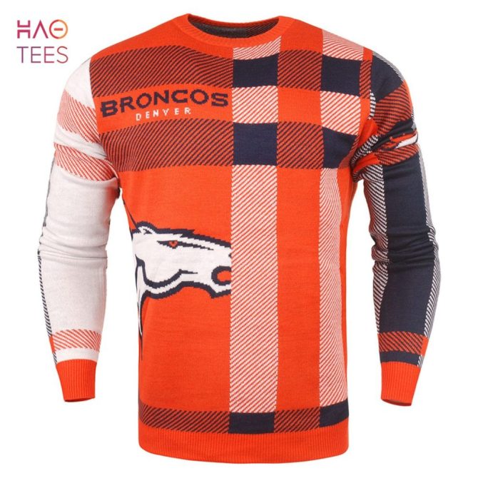 Best Denver Broncos Men'S Plaid Crew Neck Nfl Ugly Christmas Sweater