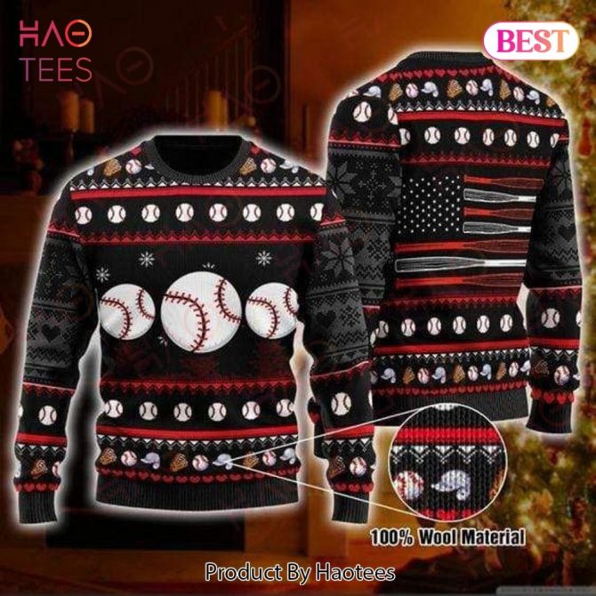 Baseball Ugly Christmas Holiday Sweater Baseball Ball Hat Gloves Black Sweater Baseball Sweater