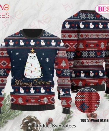 Cat Christmas Holiday Sweater Meowy Catmas White Cat Christmas Holiday Pattern Blue Red Ugly Sweater Cat Ugly Sweater