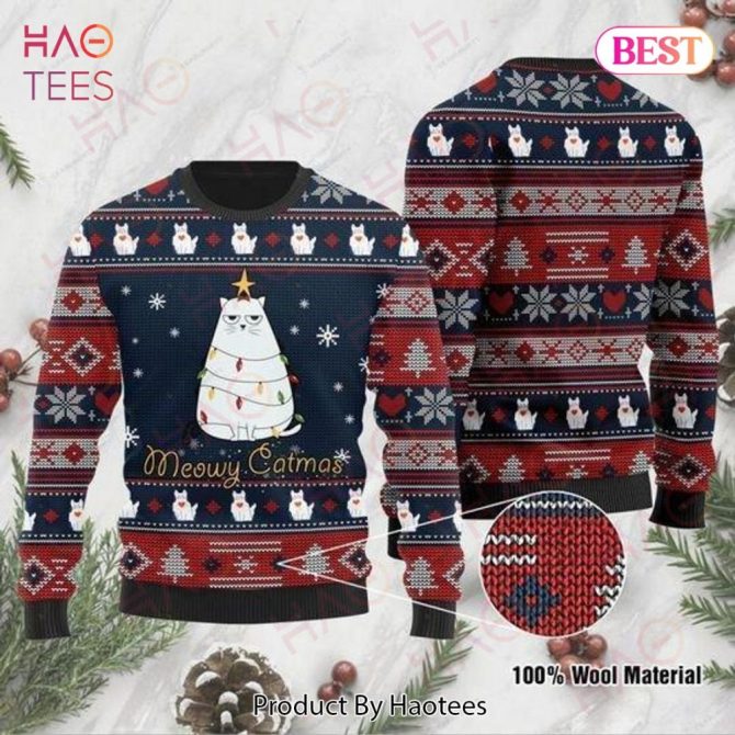 Cat Christmas Holiday Sweater Meowy Catmas White Cat Christmas Holiday Pattern Blue Red Ugly Sweater Cat Ugly Sweater