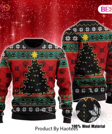 Cat Ugly Christmas Holiday Sweater Black Cat Christmas Holiday Tree Cat Paws Pattern Black Sweater Cat Sweater