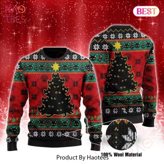 Cat Ugly Christmas Holiday Sweater Black Cat Christmas Holiday Tree Cat Paws Pattern Black Sweater Cat Sweater