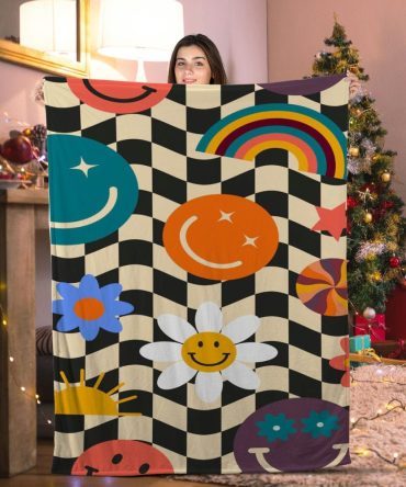 Cozy Vibrant Smiley Face Throw Blanket - Colorful Retro Design For Home Decor