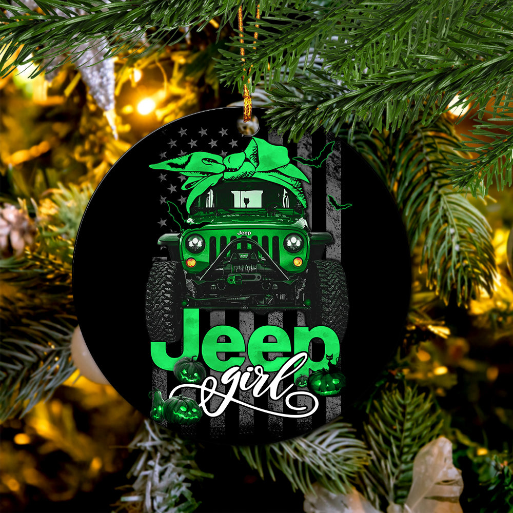 Halloween American Flag Green Jeep Girl Ceramic Ornament Perfect Gift For Holiday