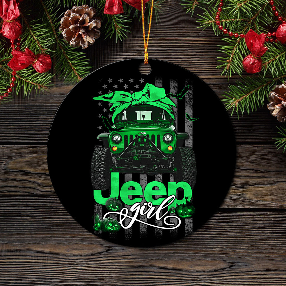 Halloween American Flag Green Jeep Girl Ceramic Ornament Perfect Gift For Holiday - Image 2