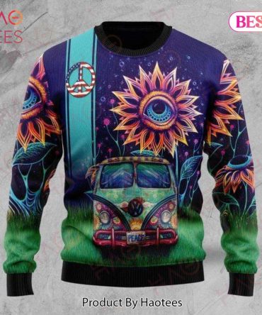 Hippie Sweater The Eye Sunflower Peace Sign Car Blue Ugly Sweater Full Print Full Size Unisex