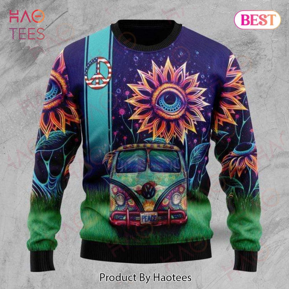 Hippie Sweater The Eye Sunflower Peace Sign Car Blue Ugly Sweater Full Print Full Size Unisex