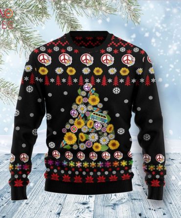 Festive Peace & Love Ugly Christmas Ugly Christmas Sweater - Retro Vw Bus & Sunflower Design - Perfect Holiday Gift!