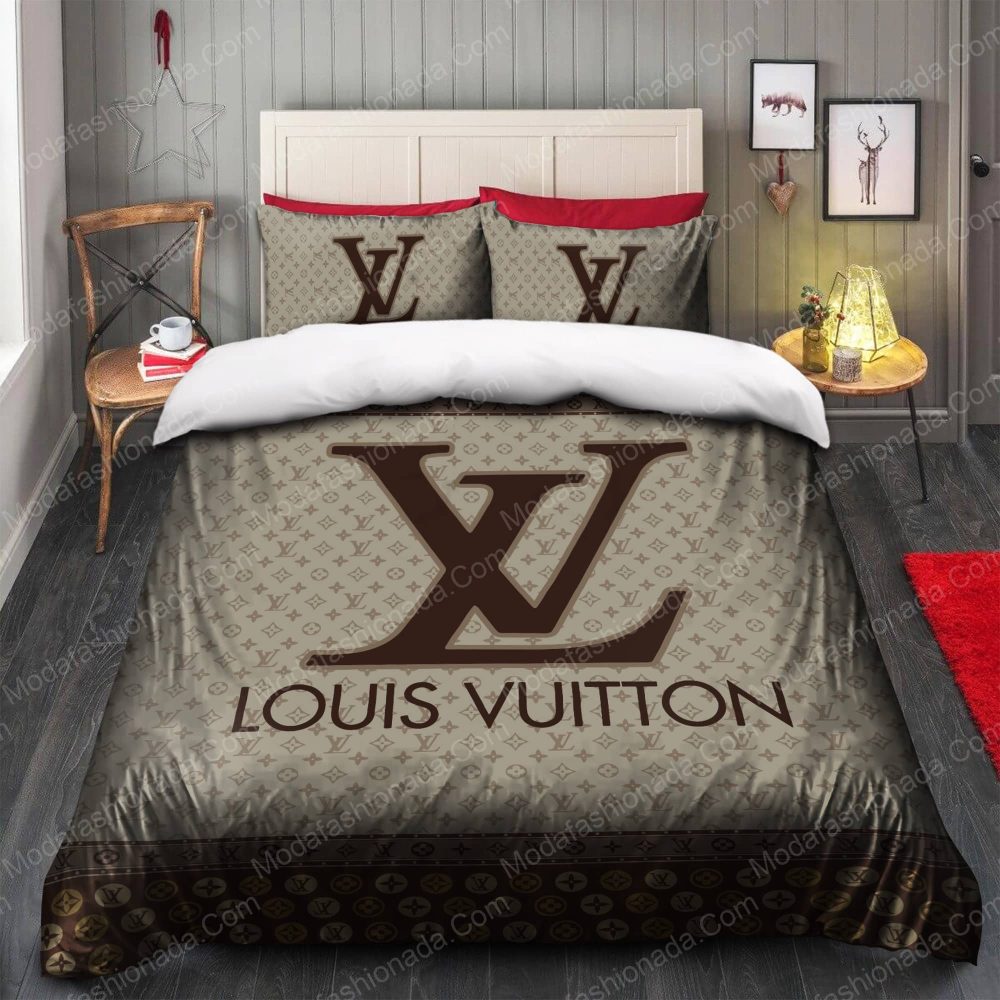 Brown And Beige Lv Logo Bedding Sets - Image 2