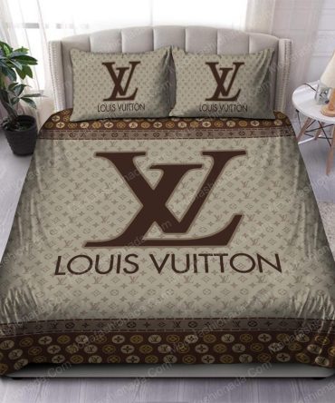 Brown And Beige Lv Logo Bedding Sets