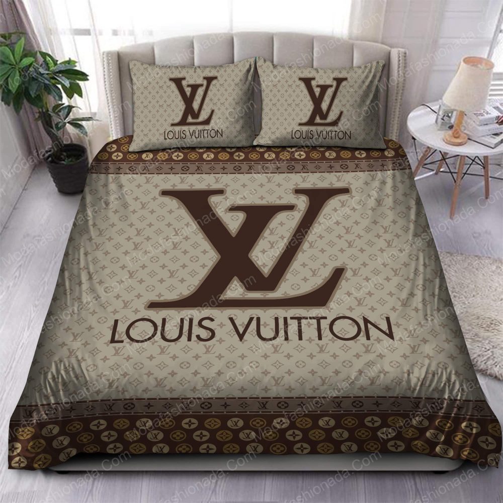 Brown And Beige Lv Logo Bedding Sets