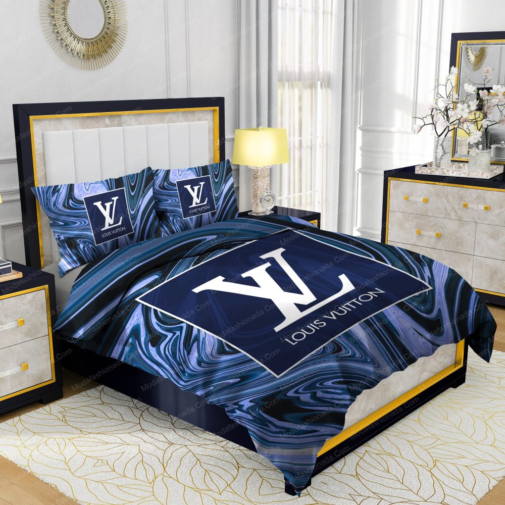 Louis Vuitton Dark Blue Marble Background Bedding Sets - Image 2