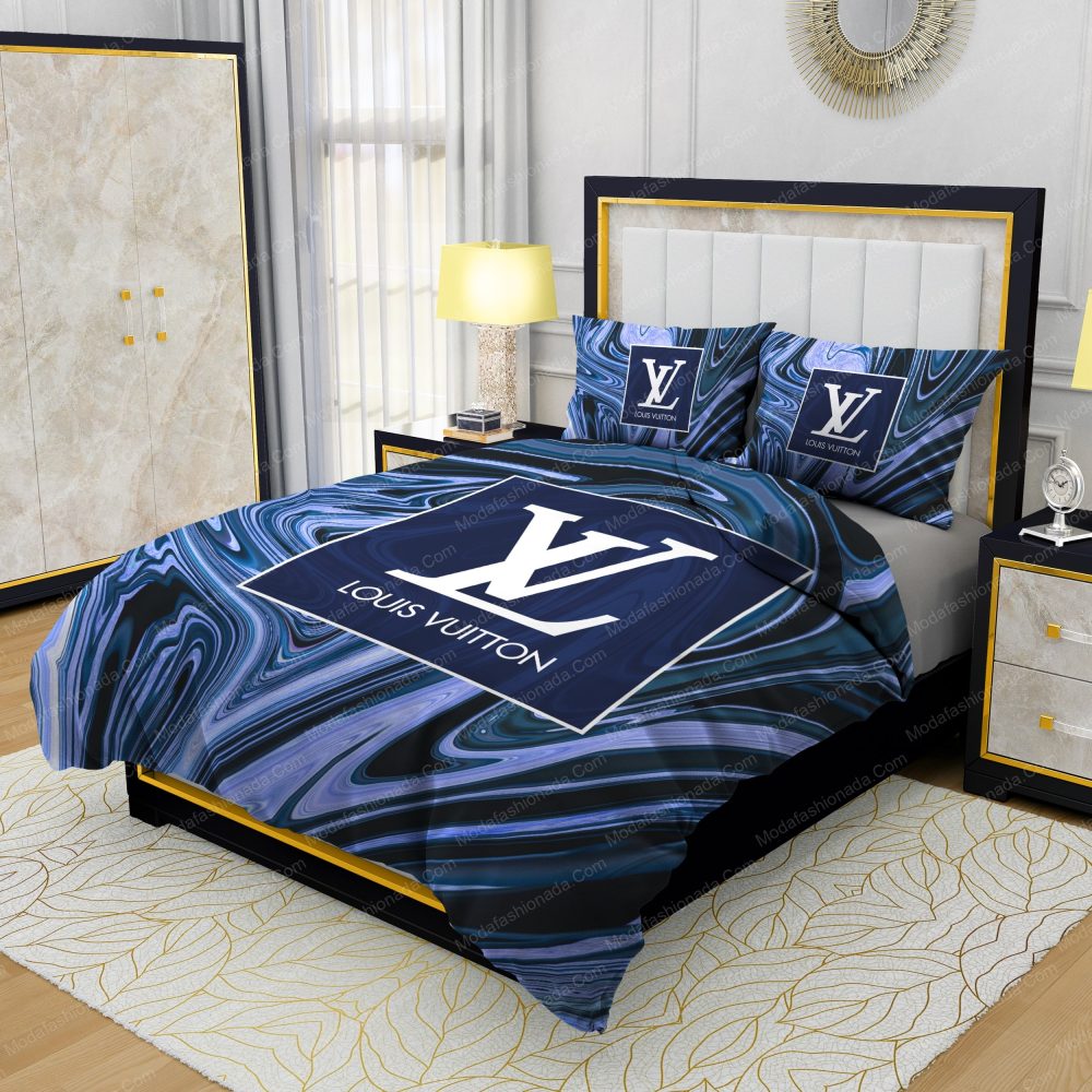 Louis Vuitton Dark Blue Marble Background Bedding Sets - Image 3