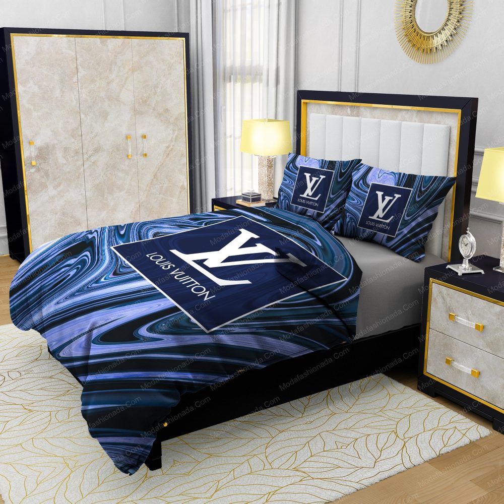 Louis Vuitton Dark Blue Marble Background Bedding Sets - Image 4