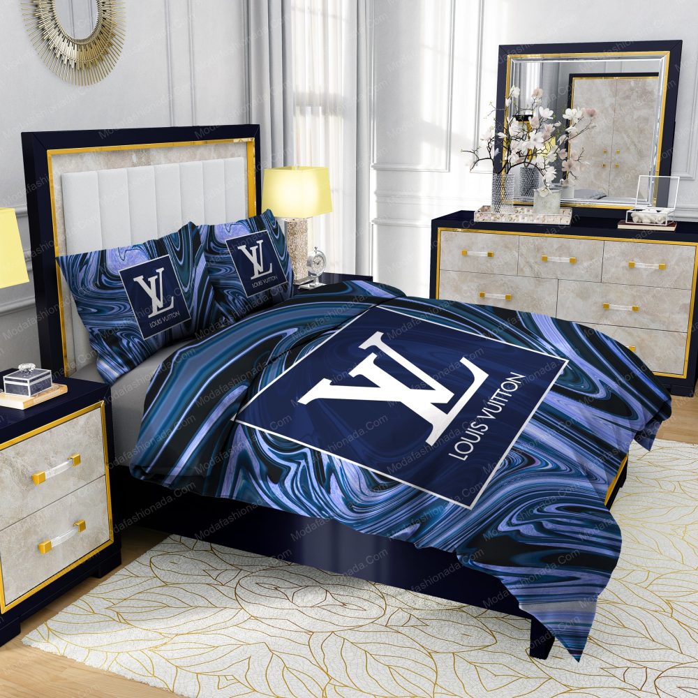 Louis Vuitton Dark Blue Marble Background Bedding Sets - Image 5