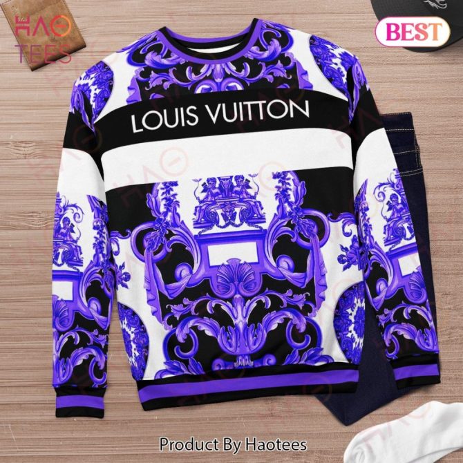 Best Louis Vuitton Purple Multi Baroque Print Ugly Christmas Holiday Sweater Limited Edition