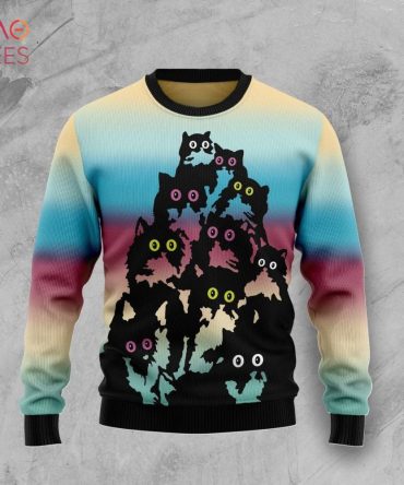 Colorful Cat Print Crewneck Sweater - Eye-Catching Gradient Design For Cat Lovers