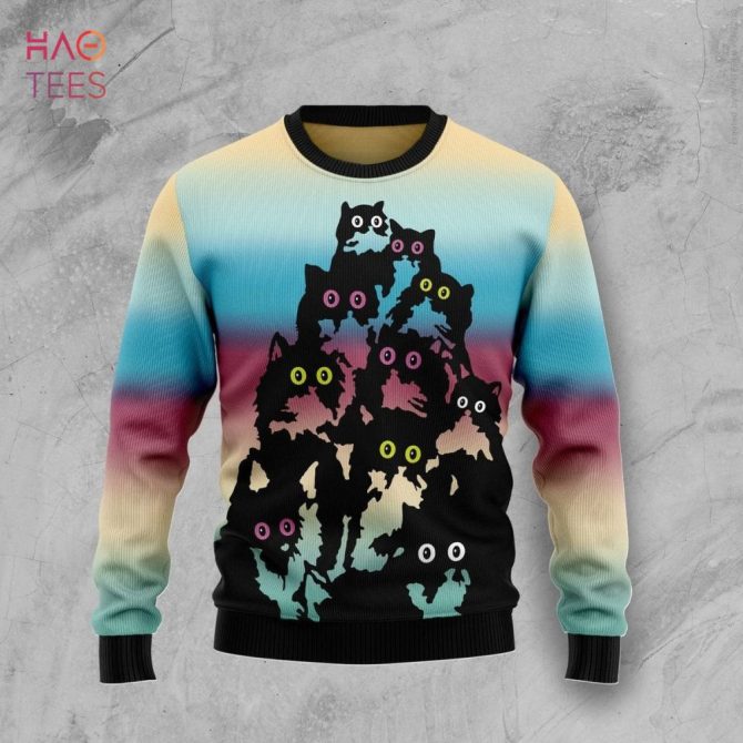 Colorful Cat Print Crewneck Sweater - Eye-Catching Gradient Design For Cat Lovers