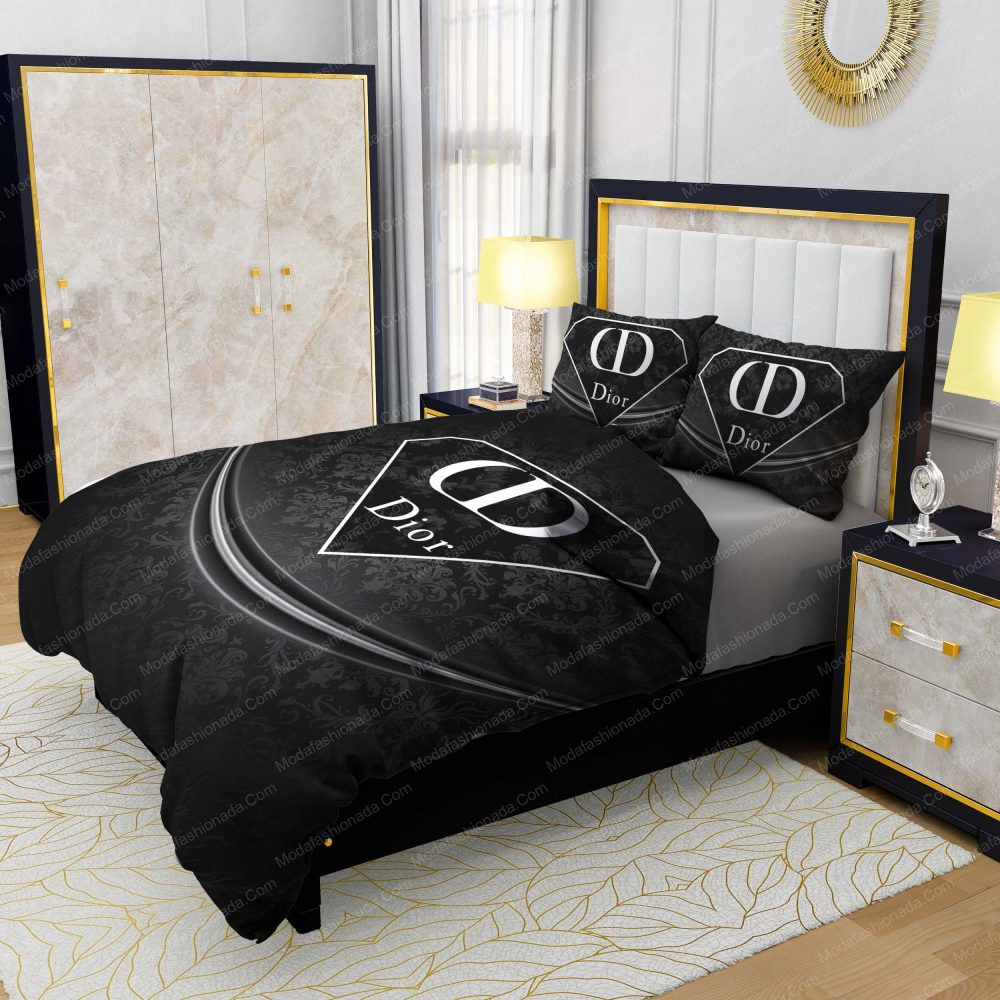 Luxury Black With White Dior Logo Diamond Style Bedding Sets - Image 2