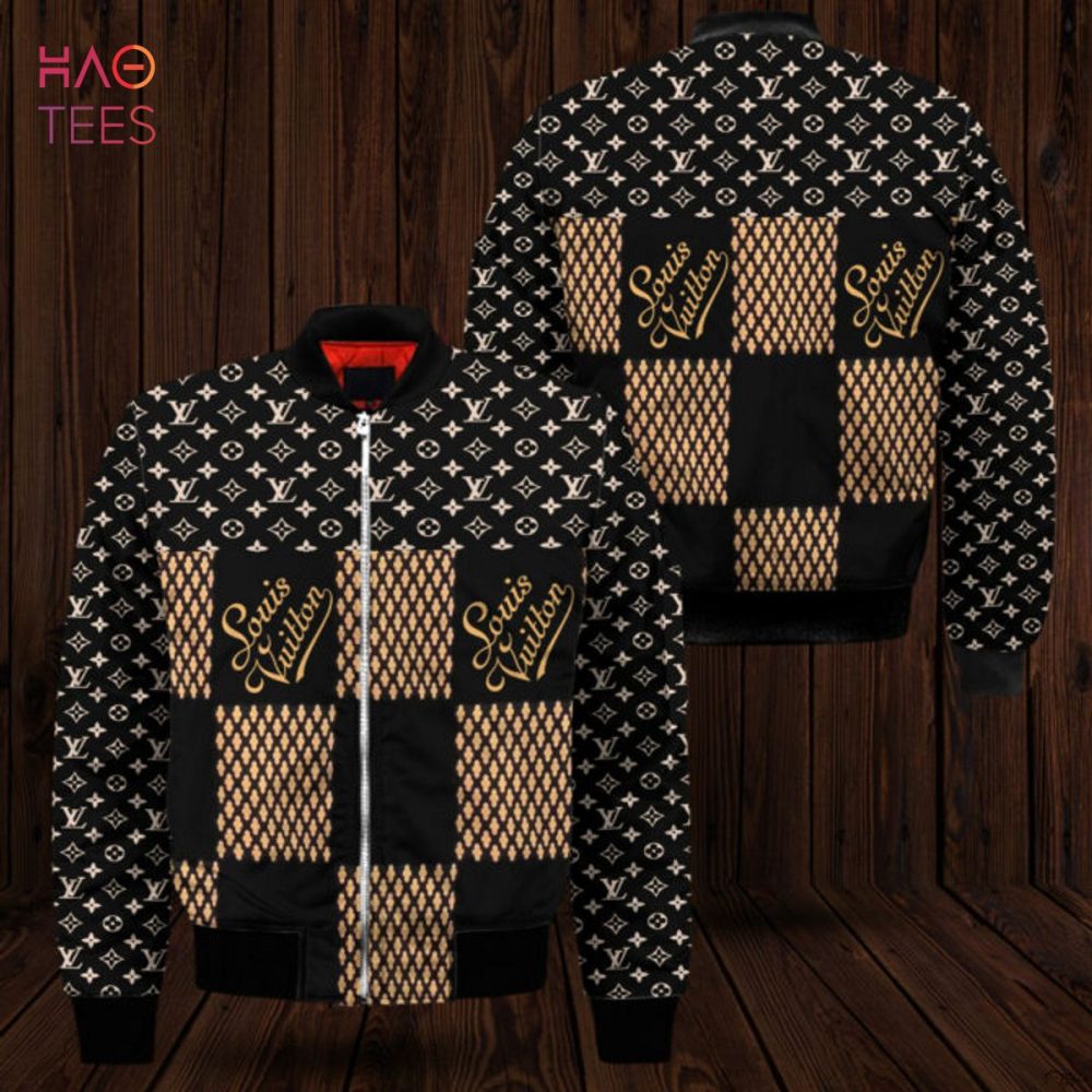 New Louis Vuitton Luxury Brand Square Pattern Stylish Designer-Inspired Bomber Jacket - Trendy Black & Gold Pattern - Image 2