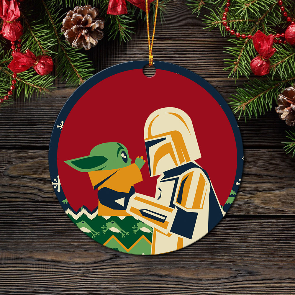 Mandalorian Holding Baby Yoda Ceramic Ornament Perfect Gift For Holiday - Image 2