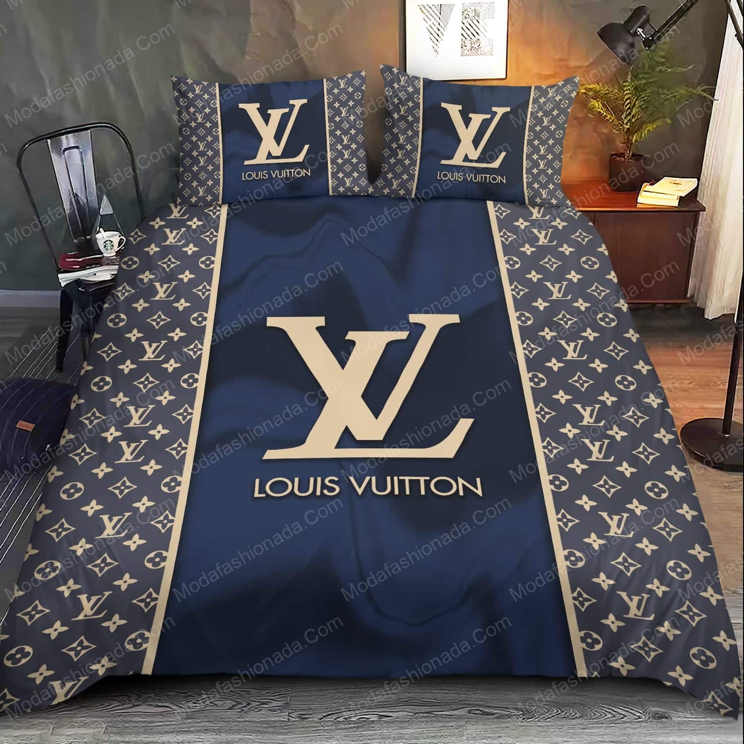 Navy Louis Vuitton Brand Color With Classic Monogram Pattern Bedding Sets - Image 2