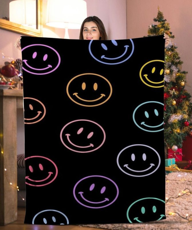 Cozy Neon Smiley Face Blanket - Soft, Vibrant Throw For Home Or Gift - Perfect For Holiday Cheer!