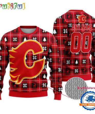 Nhl Calgary Flames Personalized Snow Tree Ugly Christmas Sweater