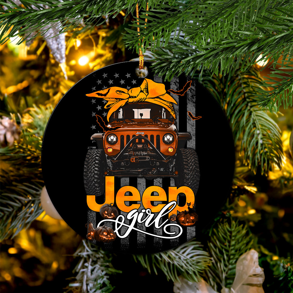 Halloween American Flag Orange Jeep Girl Ceramic Ornament Perfect Gift For Holiday