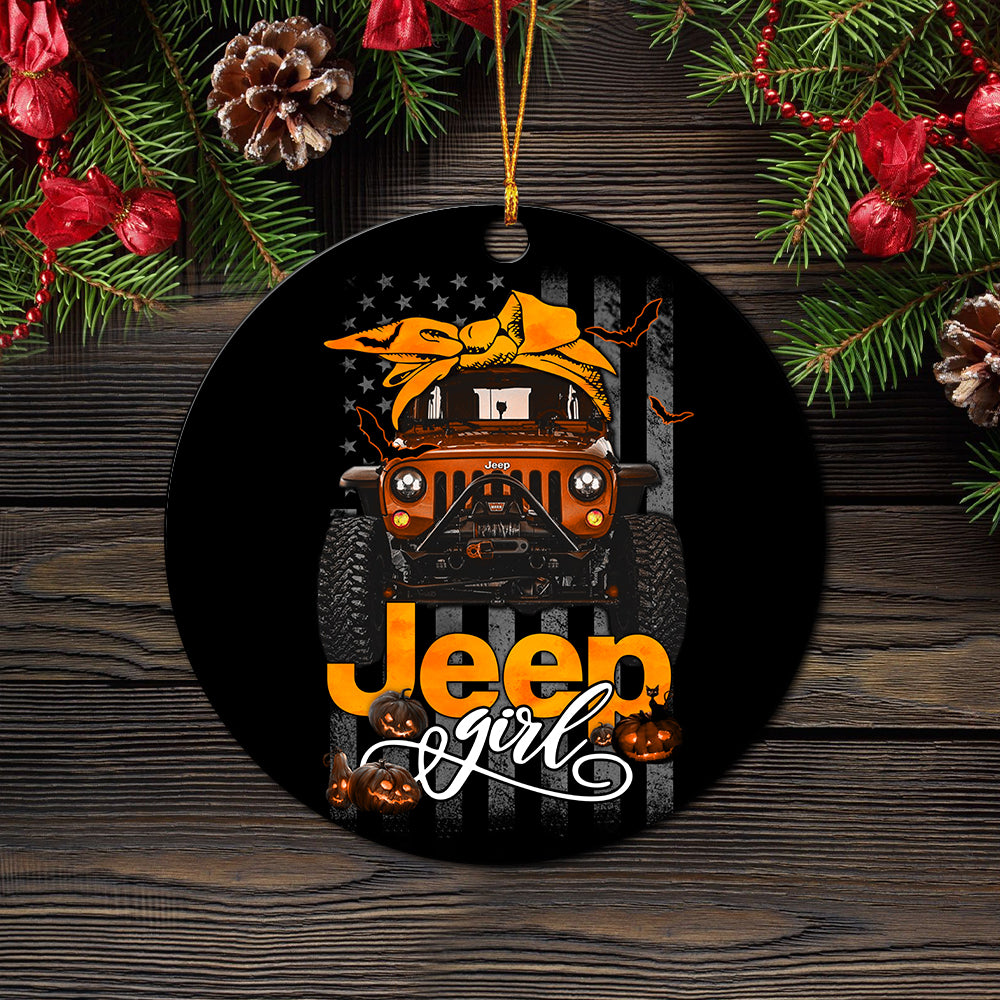 Halloween American Flag Orange Jeep Girl Ceramic Ornament Perfect Gift For Holiday - Image 2