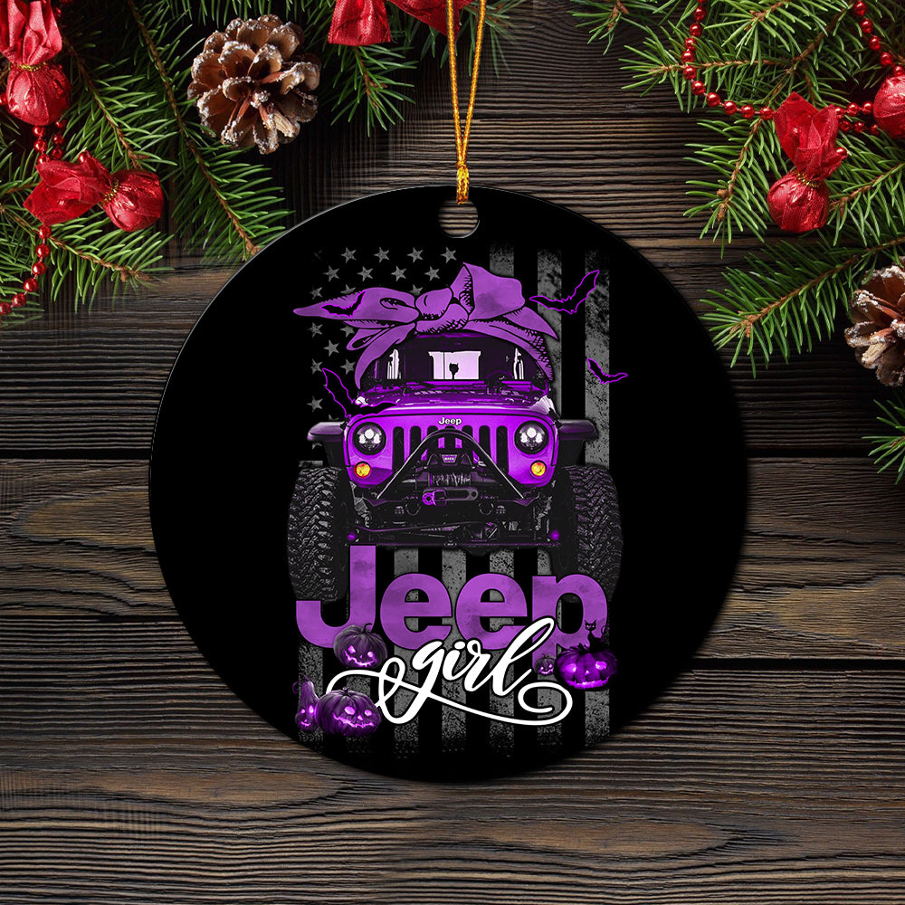 Halloween American Flag Purple Jeep Girl Ceramic Ornament Perfect Gift For Holiday - Image 2