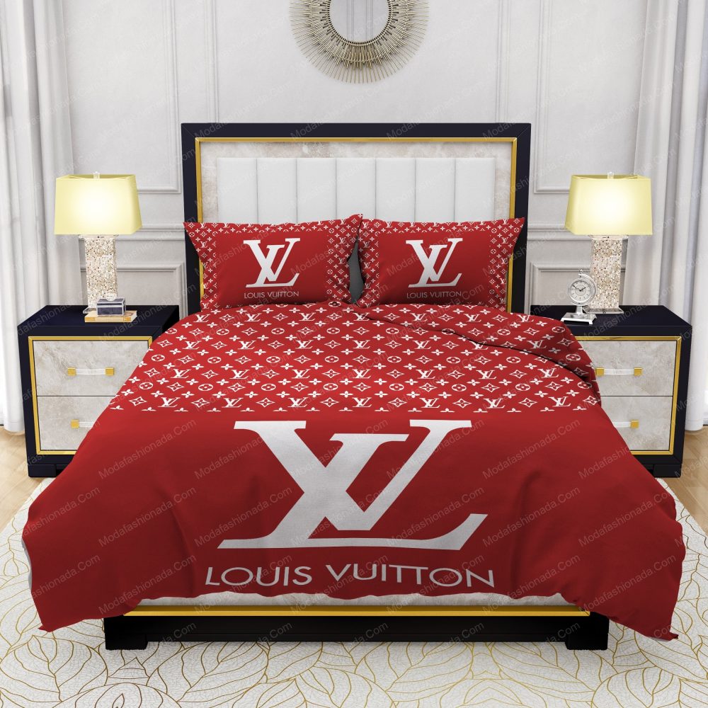 Red Background And White Pattern Louis Vuitton Bedding Sets