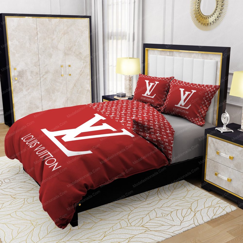 Red Background And White Pattern Louis Vuitton Bedding Sets - Image 4