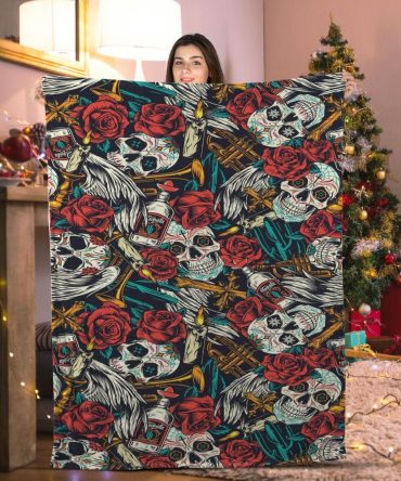 Vibrant Skull & Rose Fleece Blanket – Cozy Gothic Home Decor, Perfect Gift, 60X80