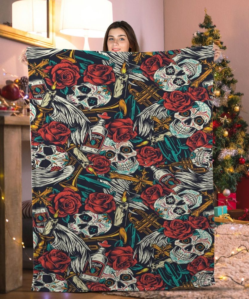 Vibrant Skull & Rose Fleece Blanket – Cozy Gothic Home Decor, Perfect Gift, 60X80