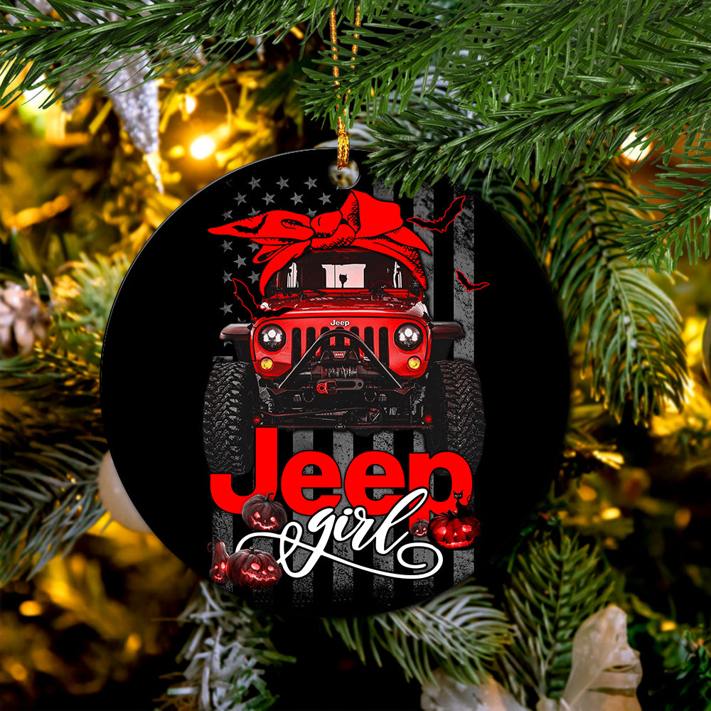 Halloween American Flag Red Jeep Girl Ceramic Ornament Perfect Gift For Holiday - Image 3