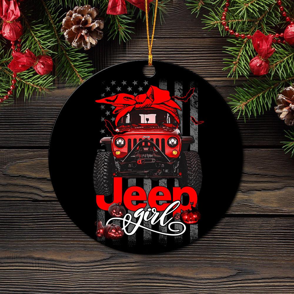 Halloween American Flag Red Jeep Girl Ceramic Ornament Perfect Gift For Holiday - Image 2