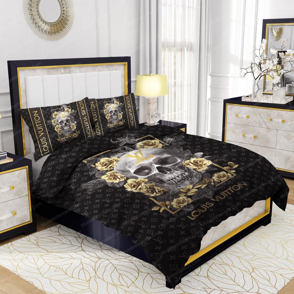 Skull And Yellow Rose Louis Vuitton Bedding Sets - Image 2