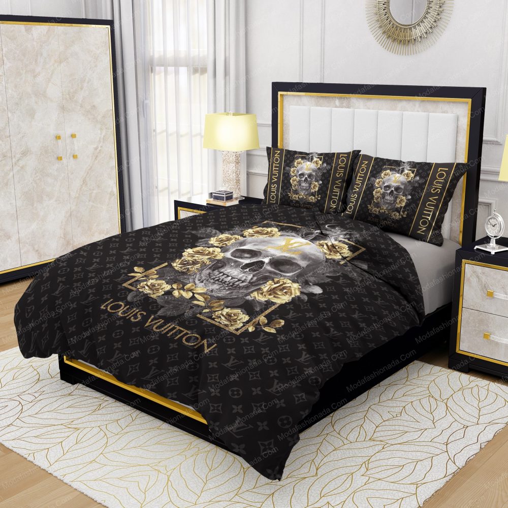 Skull And Yellow Rose Louis Vuitton Bedding Sets - Image 3