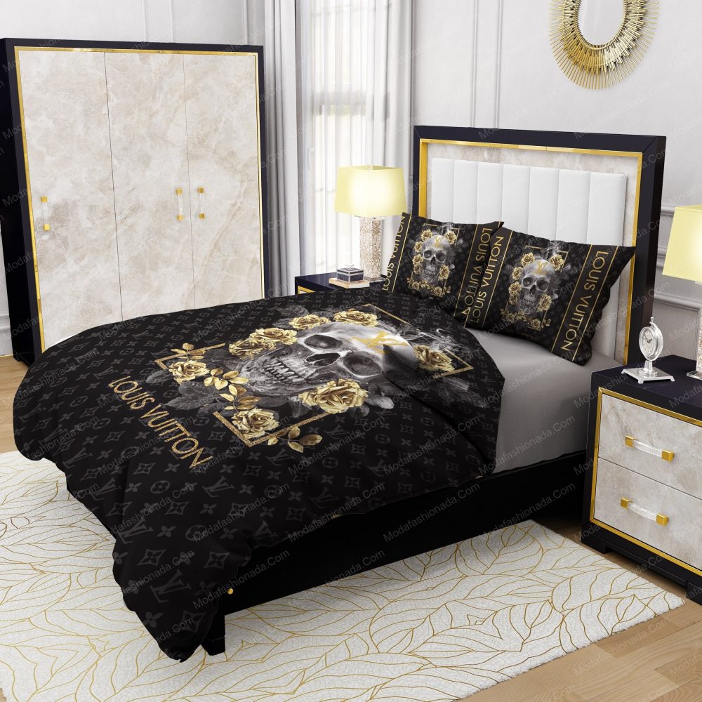 Skull And Yellow Rose Louis Vuitton Bedding Sets - Image 4
