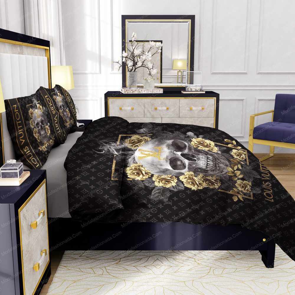 Skull And Yellow Rose Louis Vuitton Bedding Sets - Image 7