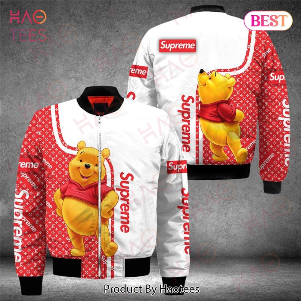 Stylish Cartoon Bear Bomber Jacket - Trendy Red Supreme Print, Unisex Casual Wear, Perfect Gift!