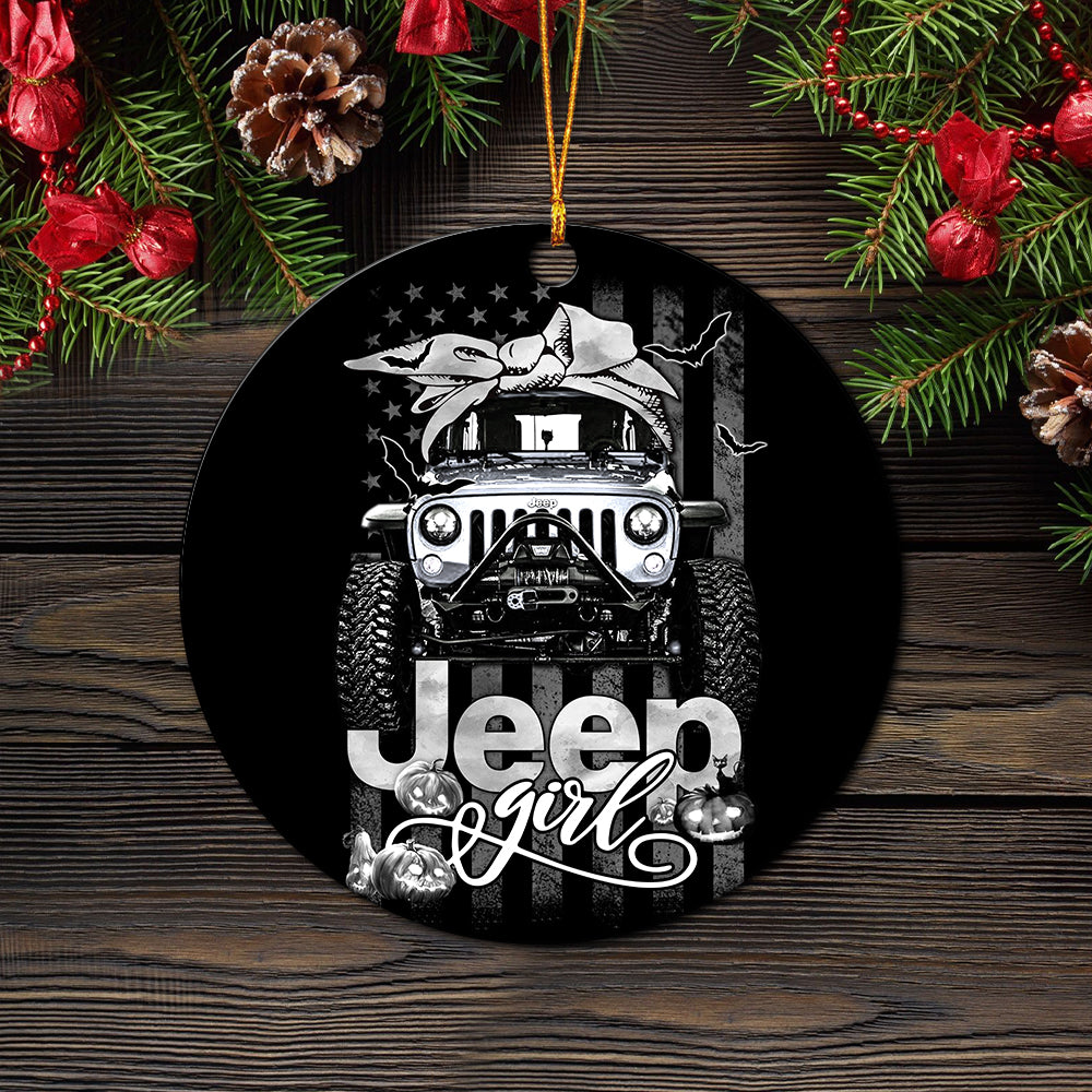 Halloween American Flag White Jeep Girl Ceramic Ornament Perfect Gift For Holiday - Image 2