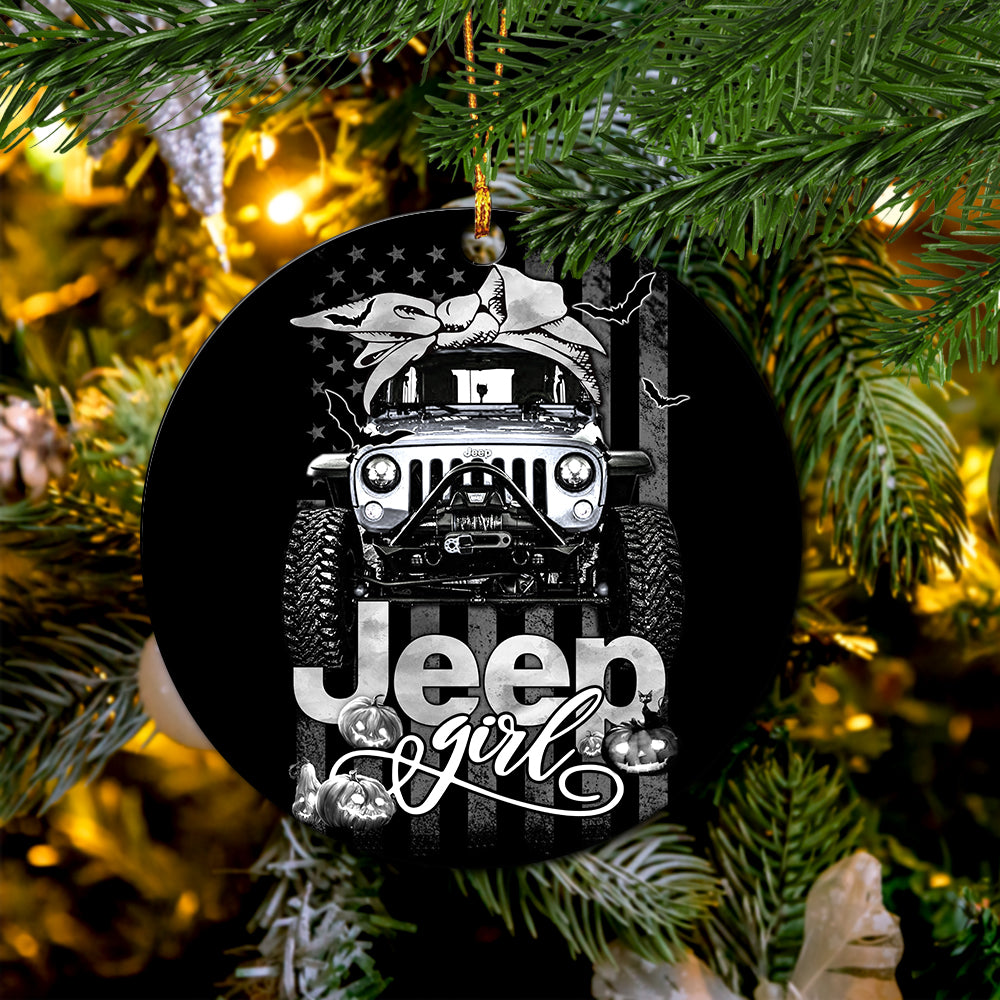 Halloween American Flag White Jeep Girl Ceramic Ornament Perfect Gift For Holiday