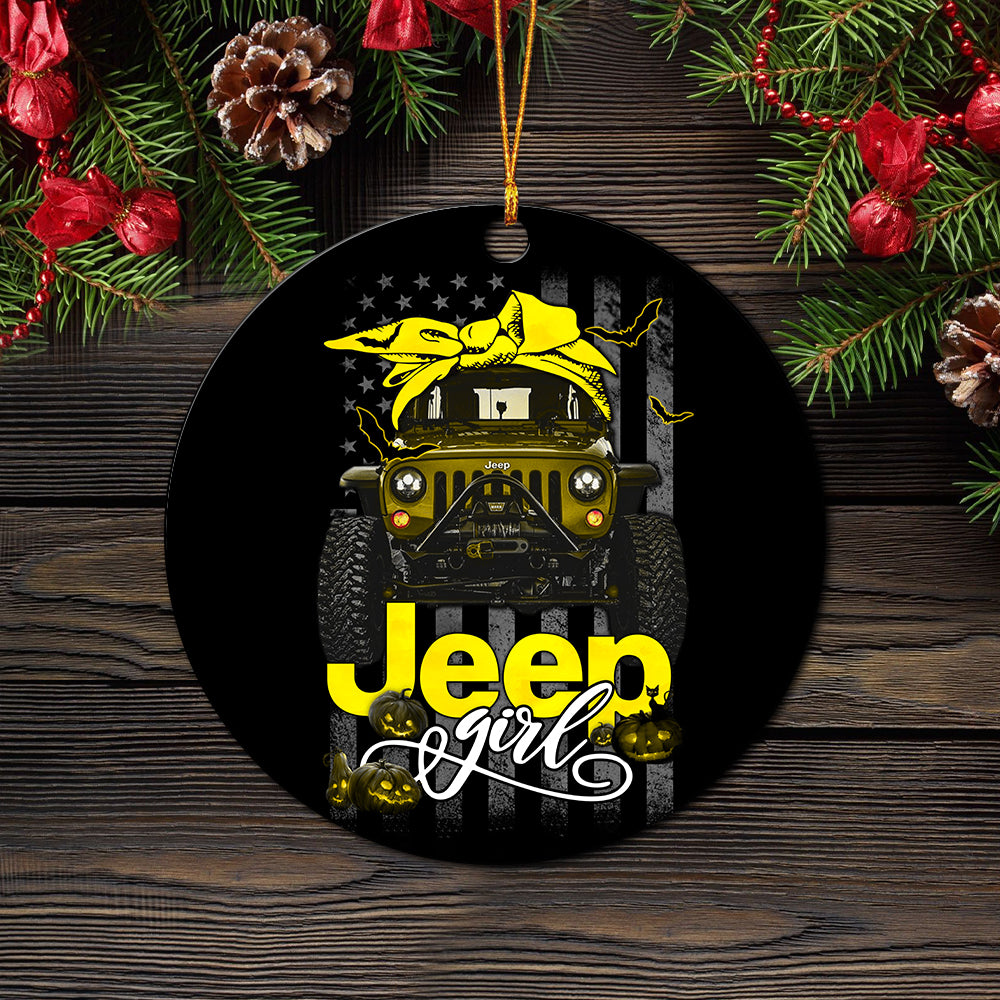 Halloween American Flag Yellow Jeep Girl Ceramic Ornament Perfect Gift For Holiday - Image 2