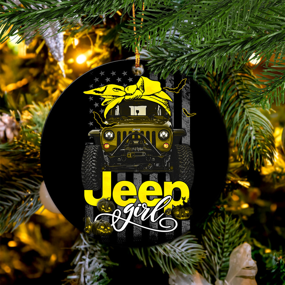 Halloween American Flag Yellow Jeep Girl Ceramic Ornament Perfect Gift For Holiday