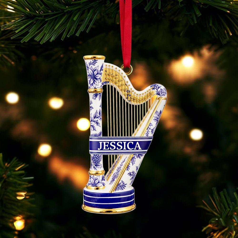 “Note The Melody Of Memories” - Harp Toile De Jouy Ornament - Personalized Gift For Music Lovers - Image 4