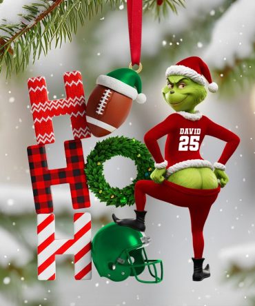 “Celebrate The Season With A Grin!” - Funny Green Monster Santa Ornament - Personalized Gift For Sport Lovers