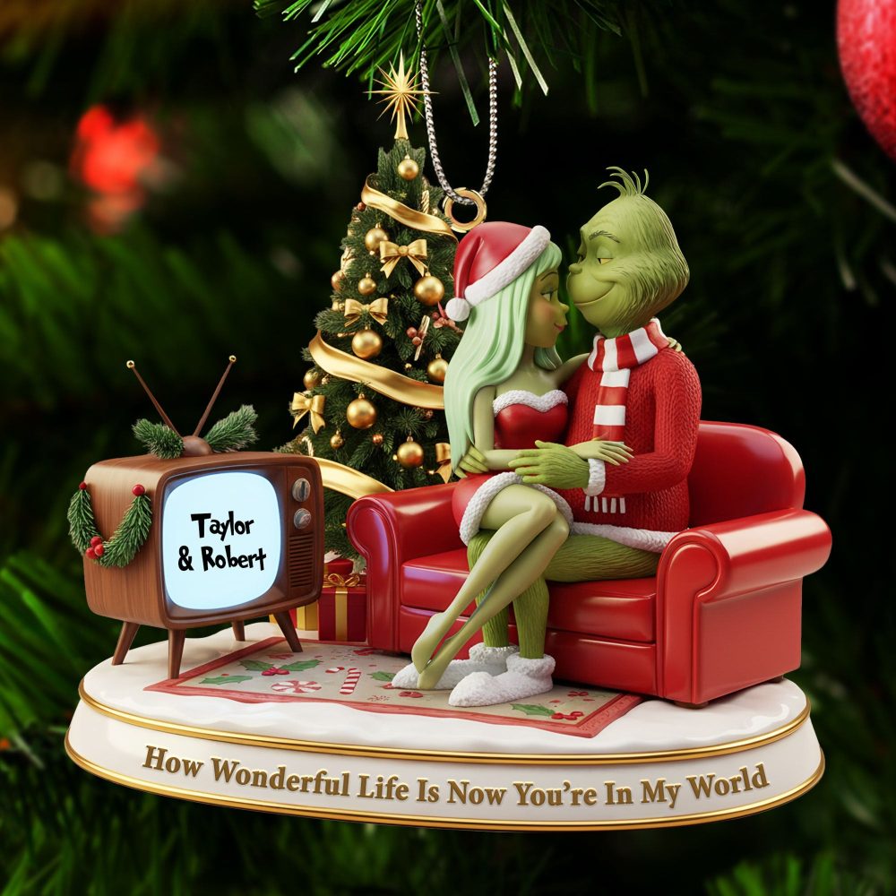How Wonderful Life Is Now You’Re In My World - Green Monster Couple Ornament - Personalized Christmas Gift For Couples - Image 2